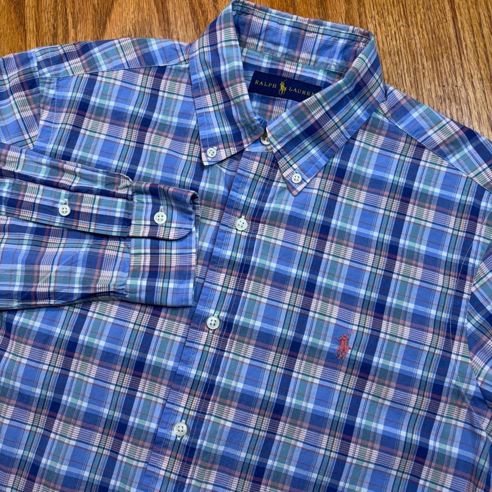 Polo Ralph Lauren Button Down Shirt Mens M Blue Plaid Long Sleeve Cotton Pony